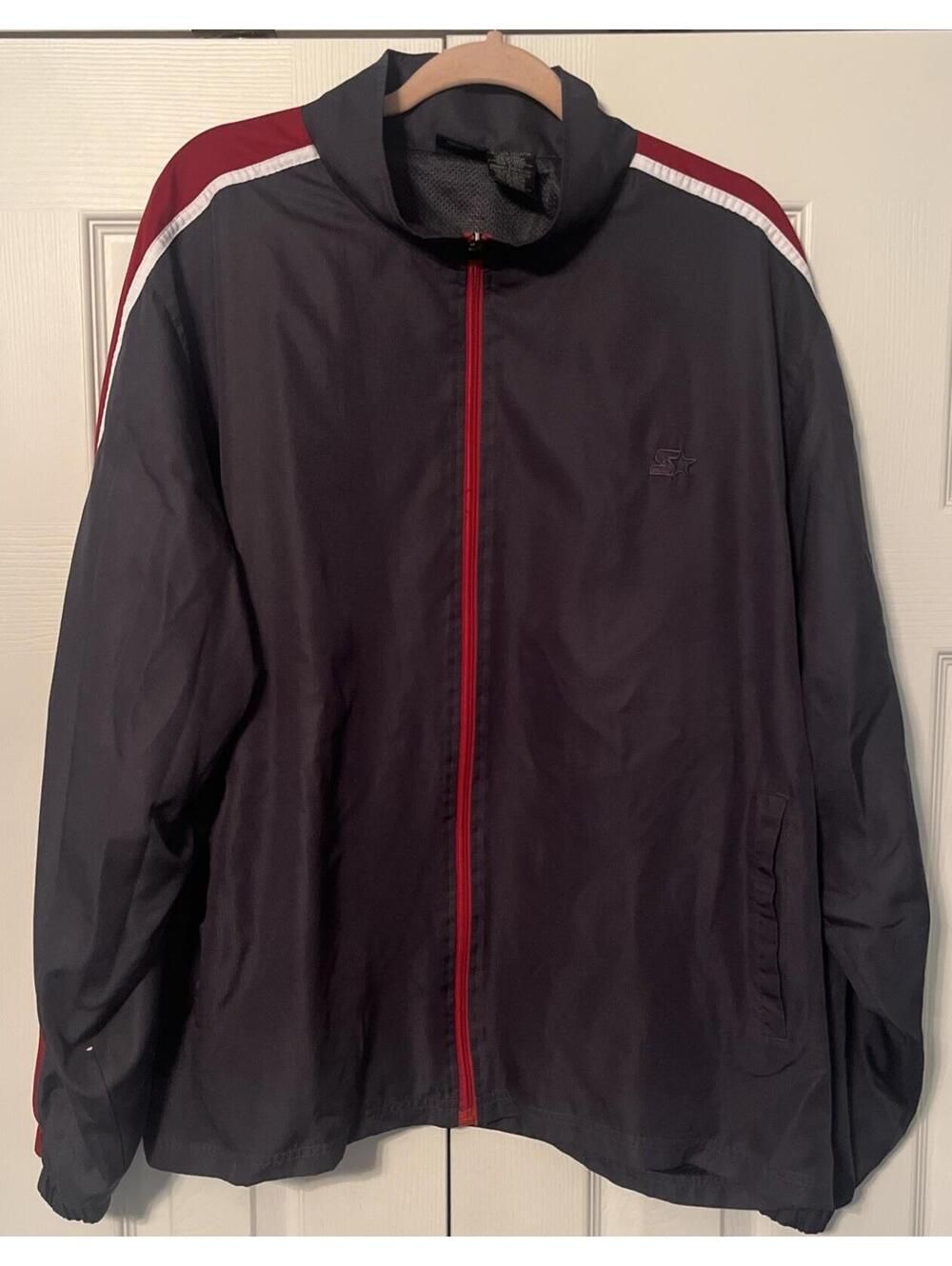 Vintage Starter Jacket Men's Windbreaker, Grey with Red/White Stripes, size 2XL